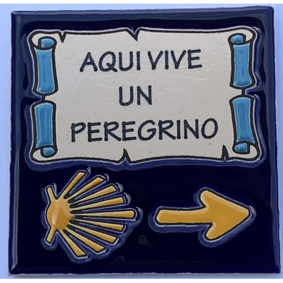 Azulejo Cerámica Aquí vive un Peregrino Estrella y Flecha 11x11