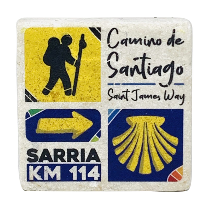 Imán piedra pintada Peregrino y Concha Sarria Km 114